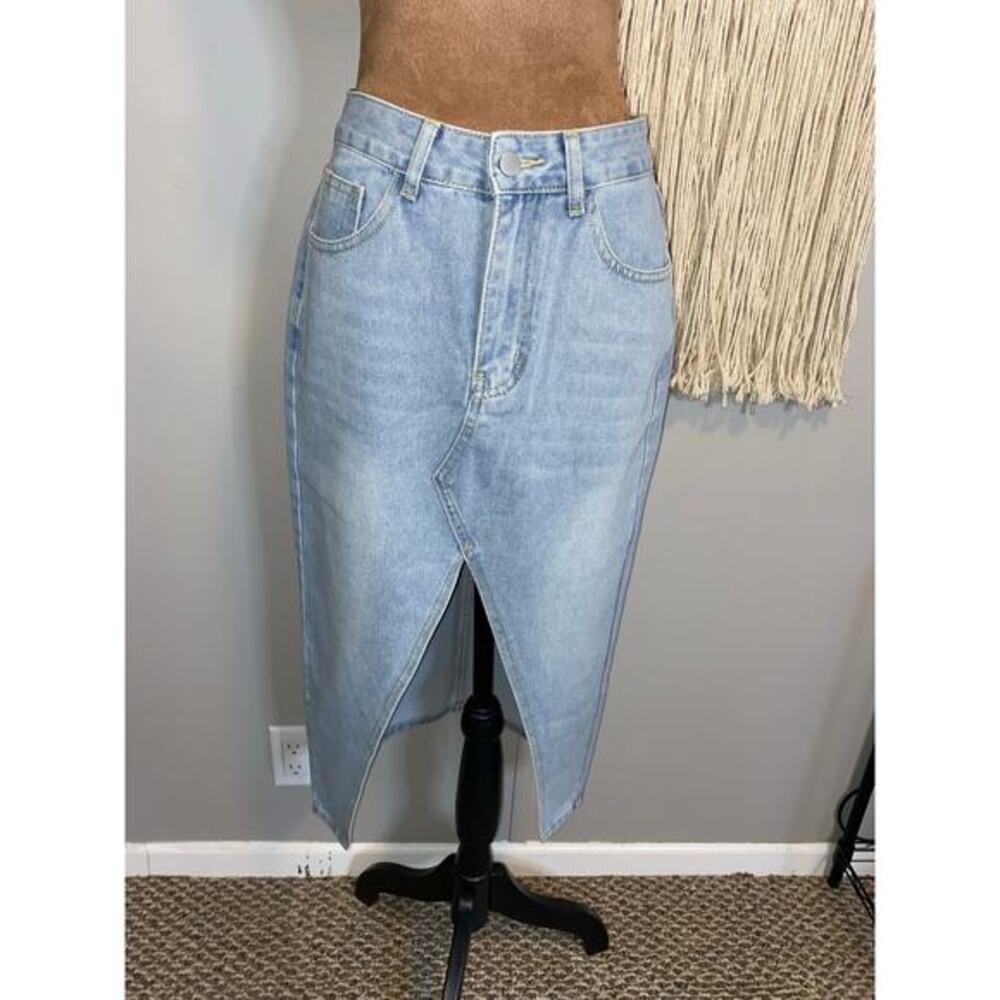 Nova Blue Soft Denim Blue Jean Midi Skirt Small Front Slit EUC